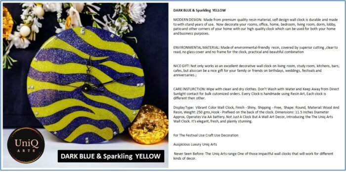 Sparkling Blue and Yellow Zebra Clock