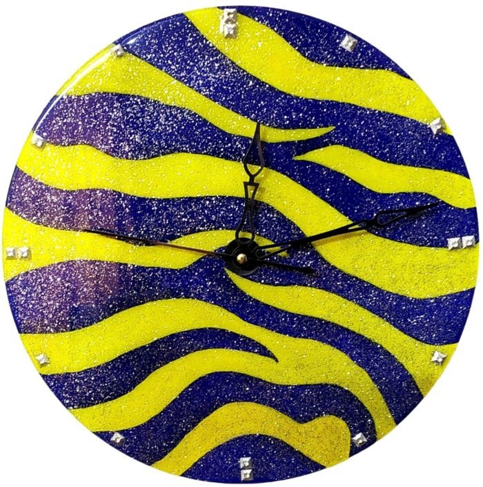 Sparkling Blue and Yellow Zebra Clock
