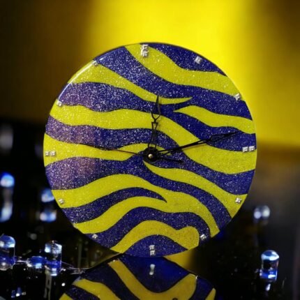 Sparkling Blue and Yellow Zebra Clock