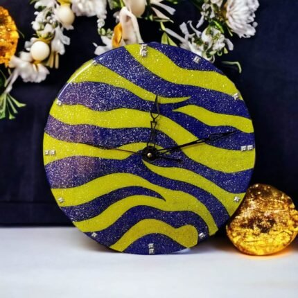 Sparkling Blue and Yellow Zebra Clock