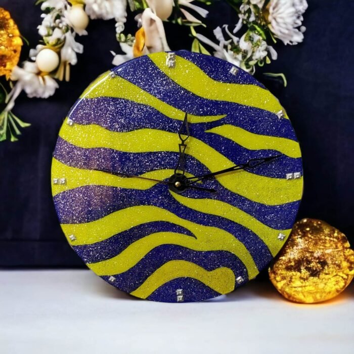 Sparkling Blue and Yellow Zebra Clock