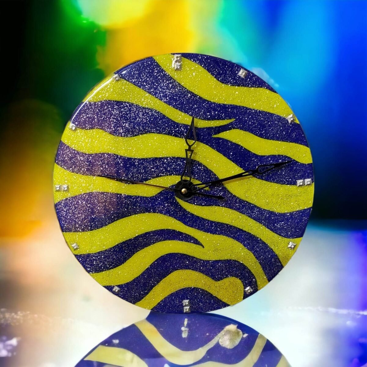 Sparkling Blue and Yellow Zebra Clock