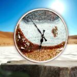 Detailed Design & Craftsmanship: Beach Landscape Dial: The clock face is a miniature artwork, designed to resemble a serene coastal scene with sandy layers, foamy waves, and sparkling moonlit textures. Textured Sand Effect: Realistic detailing in shades of sandy brown, beige, and terracotta gives the impression of a natural beach surface. Ocean Wave Layering: White resin waves merge into shimmering blue-gray tones, evoking the calmness of a sea under moonlight. Seashell & Pebble Accents: Embedded shells and stone-like textures add authenticity, making each clock one-of-a-kind. Elegant Black Hands: Contrasting black designer hands provide clear visibility while enhancing the artistic look. Premium Resin Finish: Gloss-coated for durability and a polished, luxurious feel.