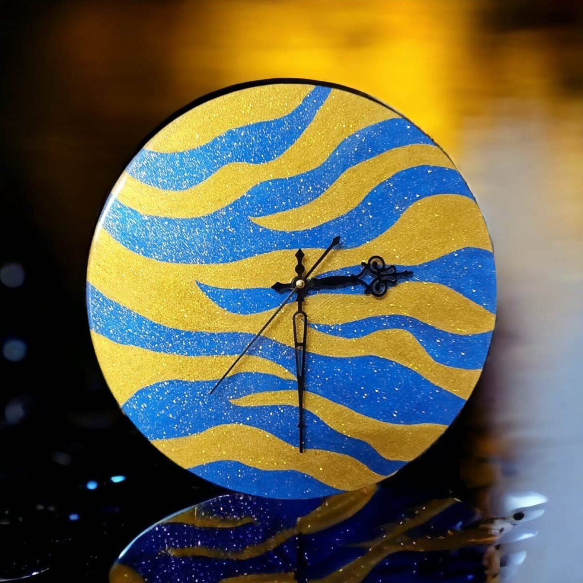 Sparkling Golden Blue Zebra Clock