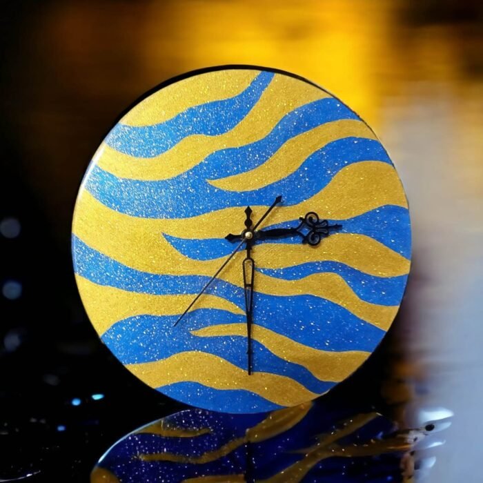 Sparkling Golden Blue Zebra Clock