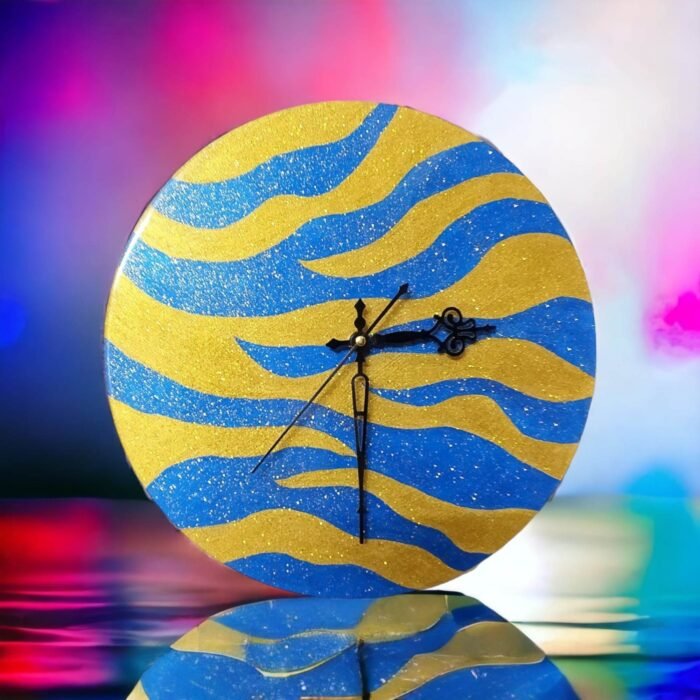 Sparkling Golden Blue Zebra Clock