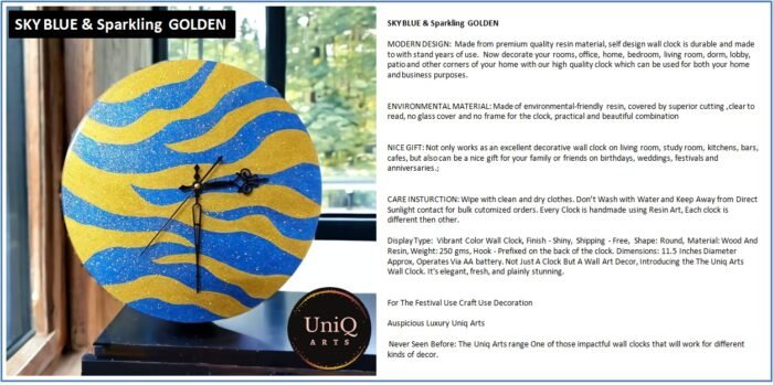 Sparkling Golden Blue Zebra Clock