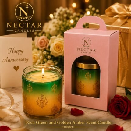 Rich Green and Golden Amber Scent Candle.
