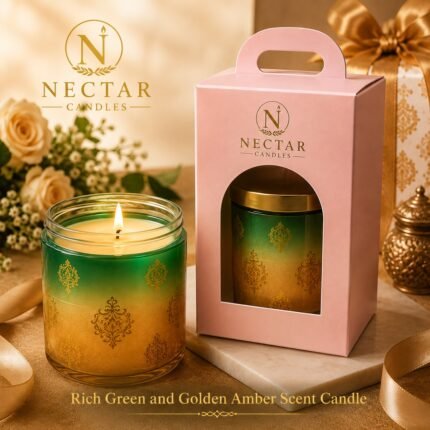 Rich Green and Golden Amber Scent Candle.