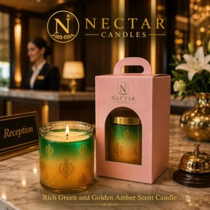 Rich Green and Golden Amber Scent Candle.