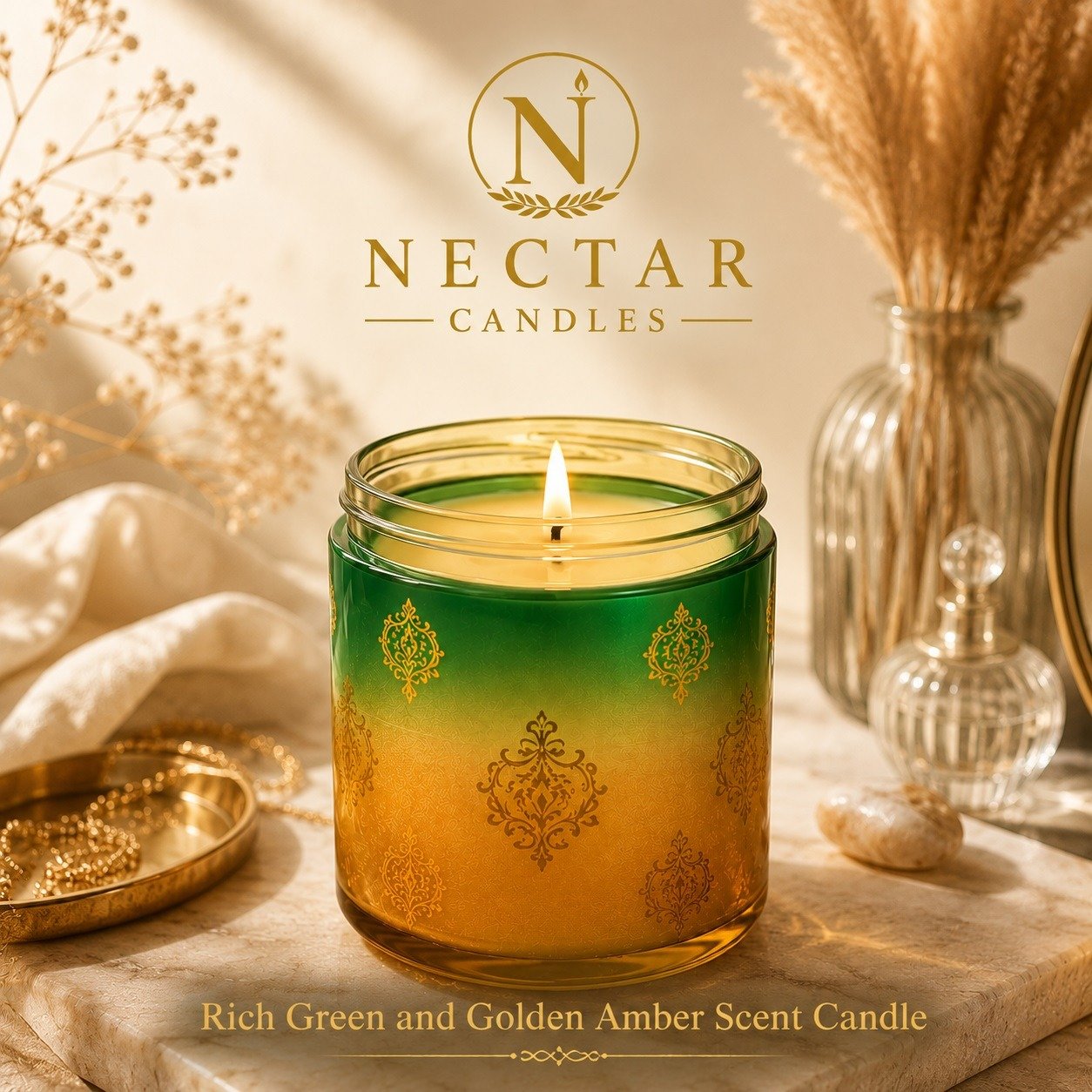 Rich Green and Golden Amber Scent Candle.