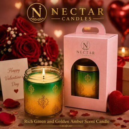 Rich Green and Golden Amber Scent Candle.
