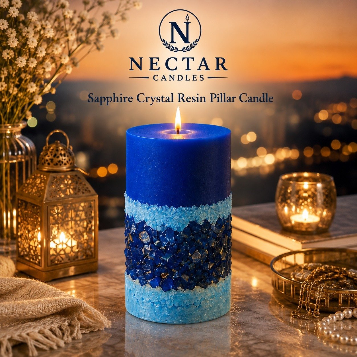 Sapphire Crystal Resin Pillar Candle